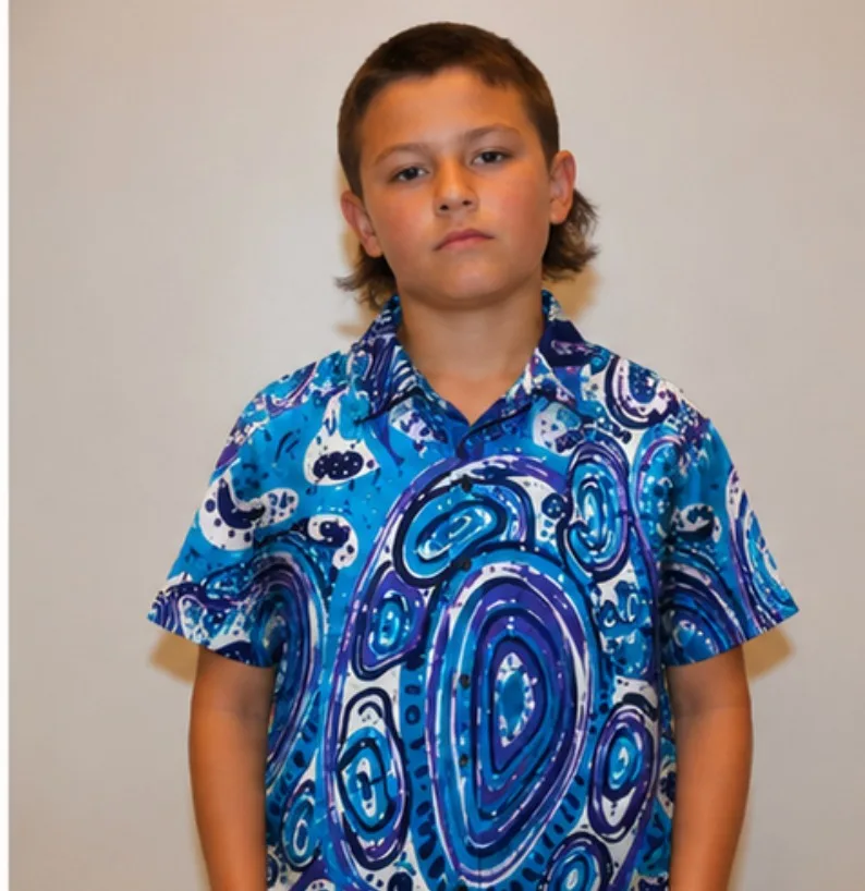 Blue Water Dreaming Shirt — the print in blue, worn