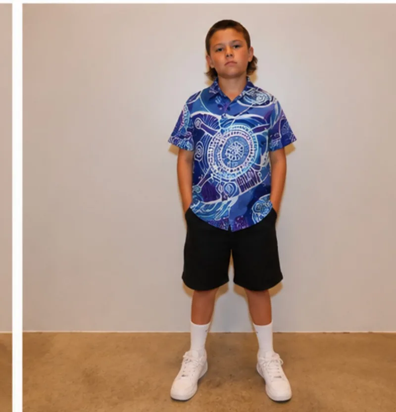 Blue Water Dreaming Shirt — worn with shorts, full length
