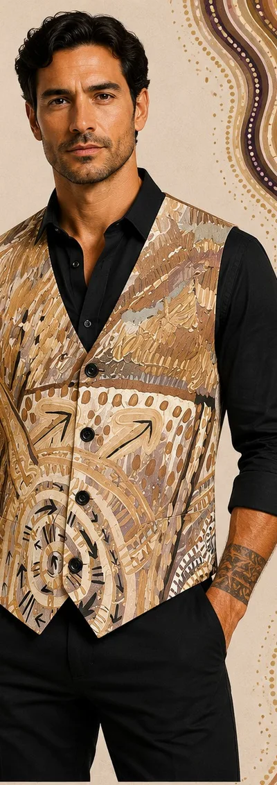 Men’s Emu Dreaming Vest — the ochre print, worn open over black