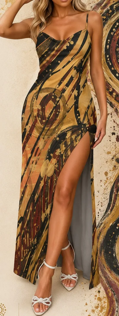 Storylines Dress Two — the ochre and black split dress, full length