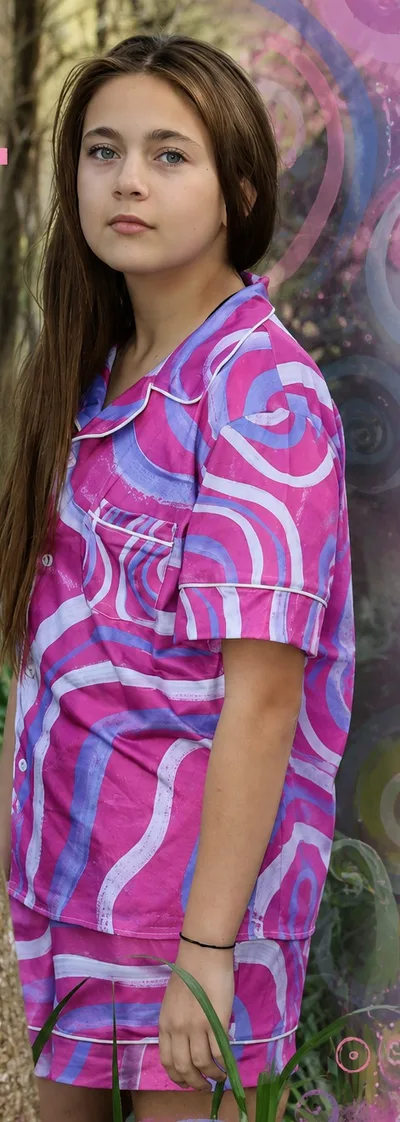 Titta Girl Sleepwear — the pink and lilac swirl set, worn on Country