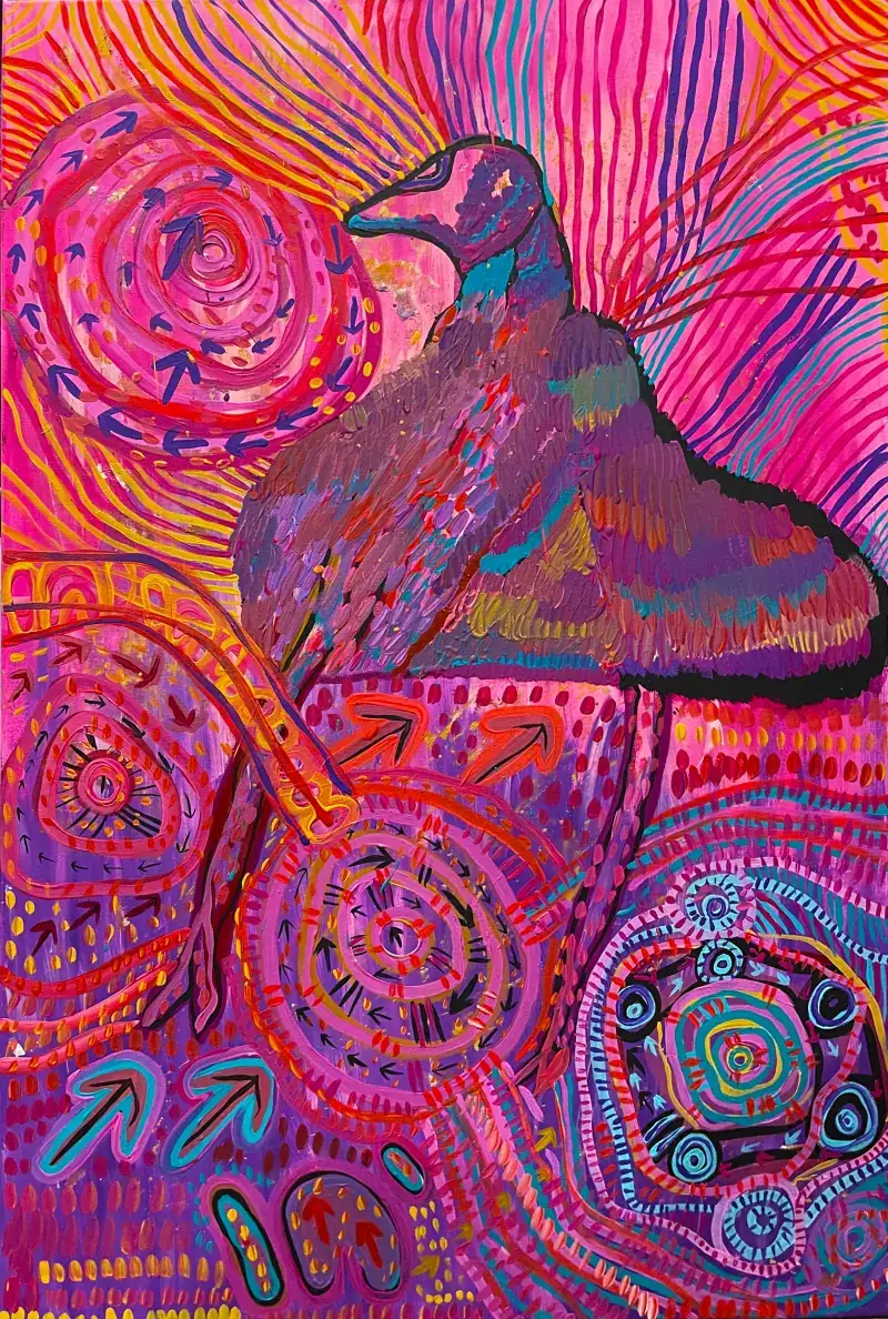 Large painting by Renae Lamb — pathways, rings and gathering places in pink, coral and violet