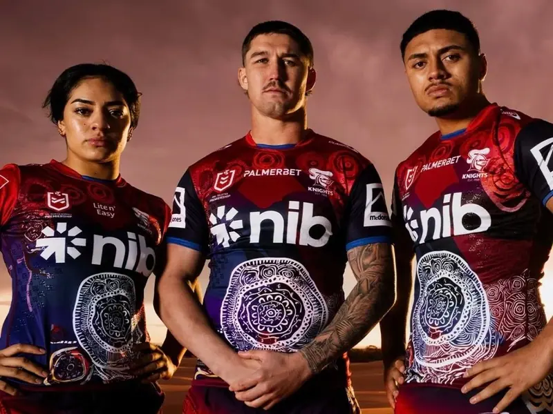 Newcastle Knights players in the 2025 Indigenous jersey — Nginhabulagu, designed by Renae Lamb