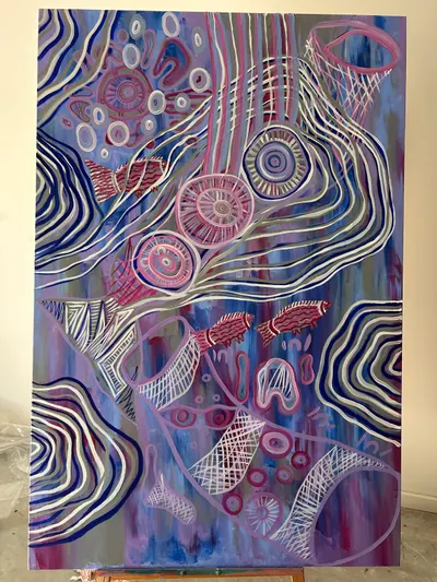 Large canvas by Renae Lamb in the studio — rings, weave and waterways