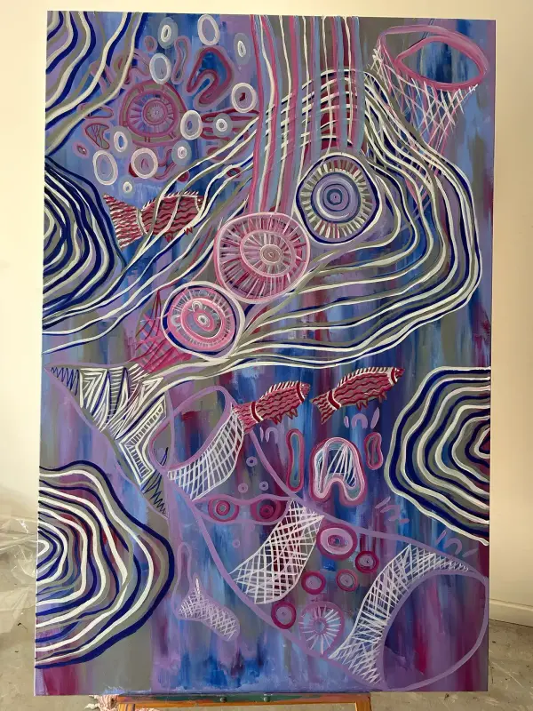 Large canvas by Renae Lamb in the studio — rings, weave and waterways