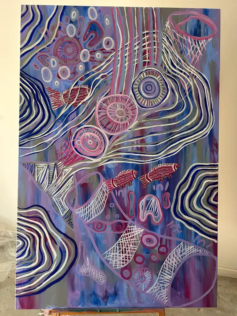 Large canvas by Renae Lamb in the studio — rings, weave and waterways