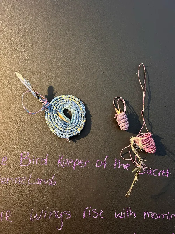 The Blue Bird Keeper wall, closer — Renae Lamb’s weaving and handwriting