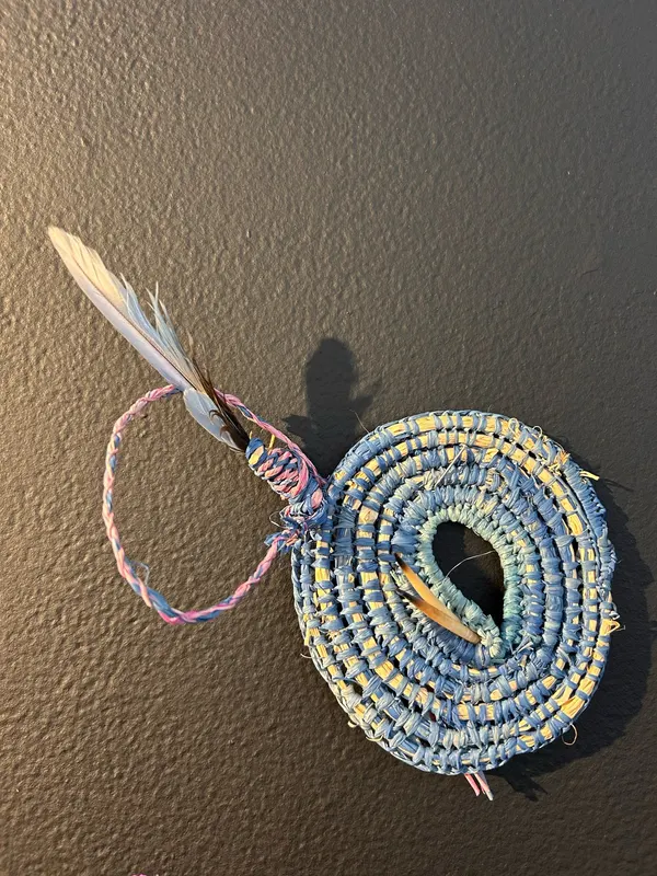 Coiled weaving by Renae Lamb with an emu feather, close