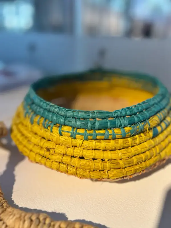 Coiled woven basket by Renae Lamb — teal over yellow