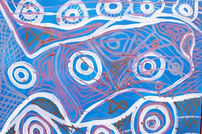 Painting by Renae Lamb, in detail — a blue work close up