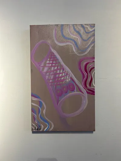 Painting by Renae Lamb — a lilac coolamon on a brown ground