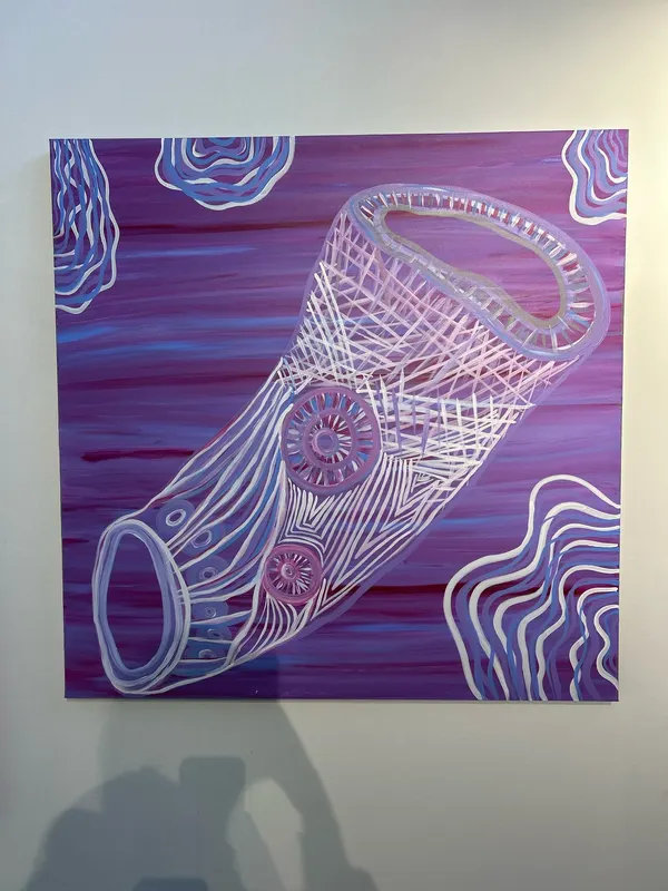 Painting by Renae Lamb — a coolamon over a magenta ground