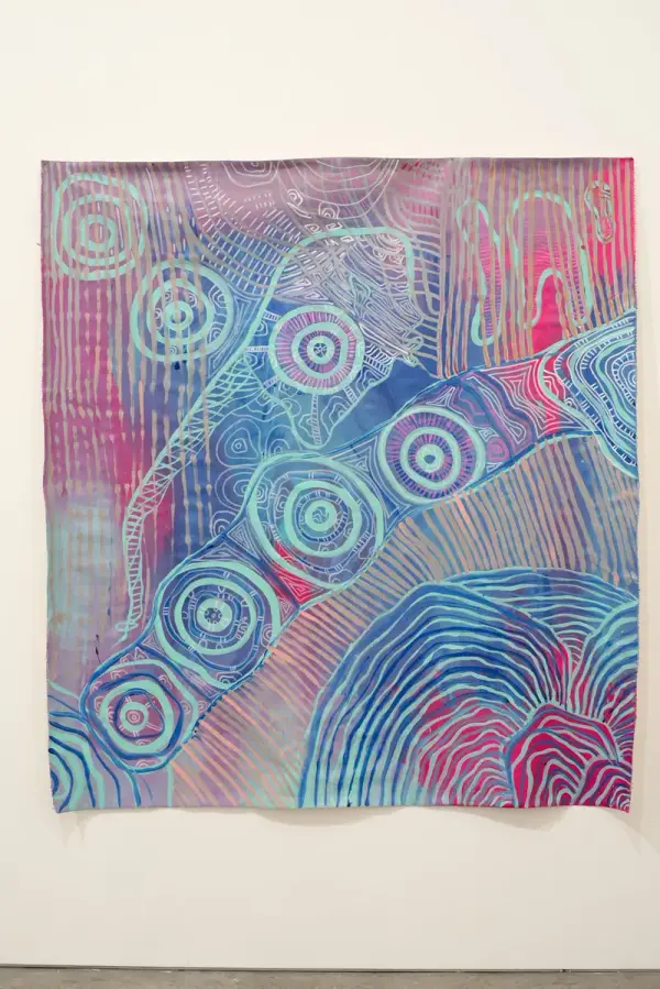 Framed painting by Renae Lamb — coral ground with layered marks