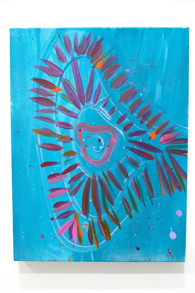 Painting by Renae Lamb — radiating coral strokes on turquoise