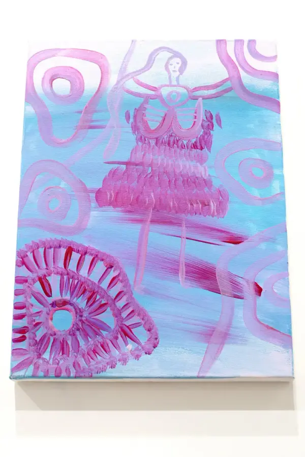 Painting by Renae Lamb — lilac and pink rings over blue