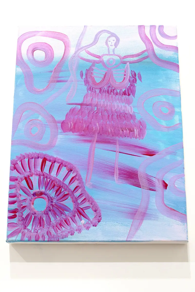 Painting by Renae Lamb — lilac and pink rings over blue
