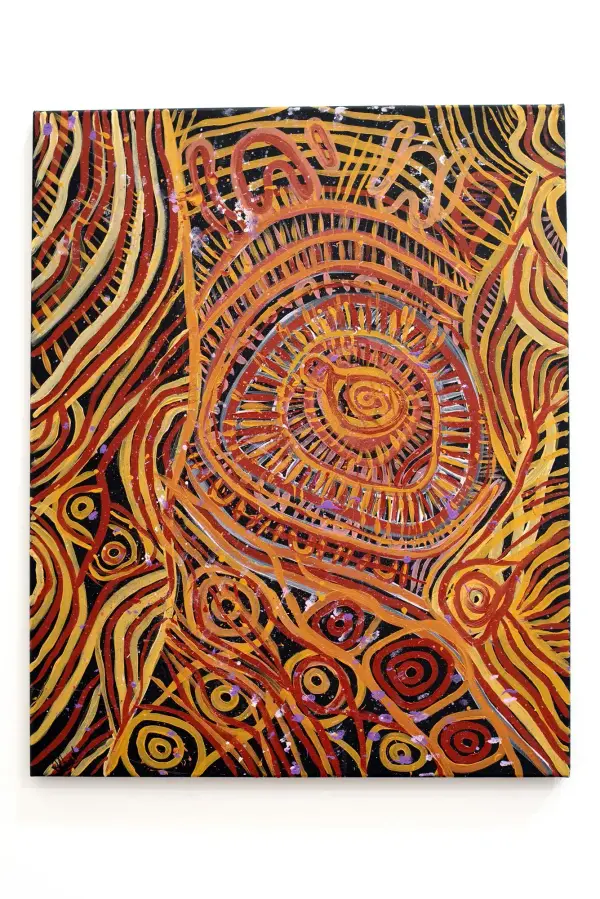Painting by Renae Lamb — dense ochre concentric rings