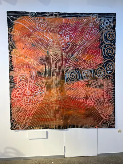 Painting by Renae Lamb — figures across an orange and red ground