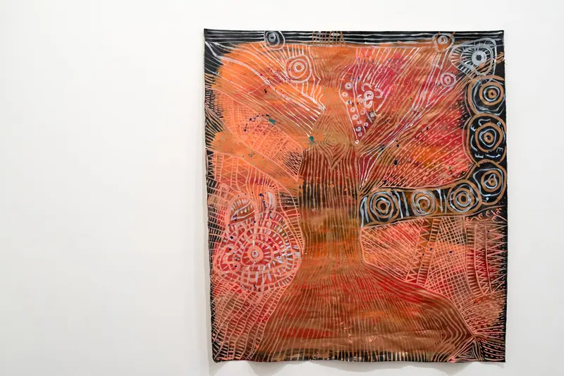 Painting by Renae Lamb — black contour lines over orange