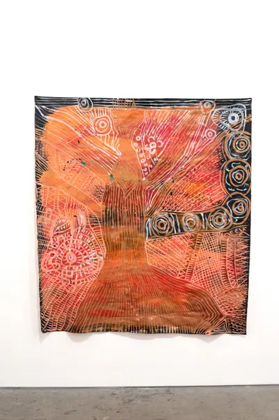 Painting by Renae Lamb — layered lines over an orange ground