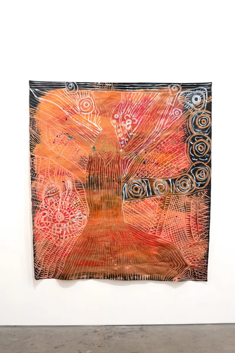 Painting by Renae Lamb — layered lines over an orange ground