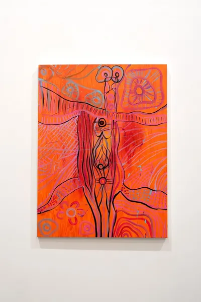 Painting by Renae Lamb hung on the gallery wall — orange figures
