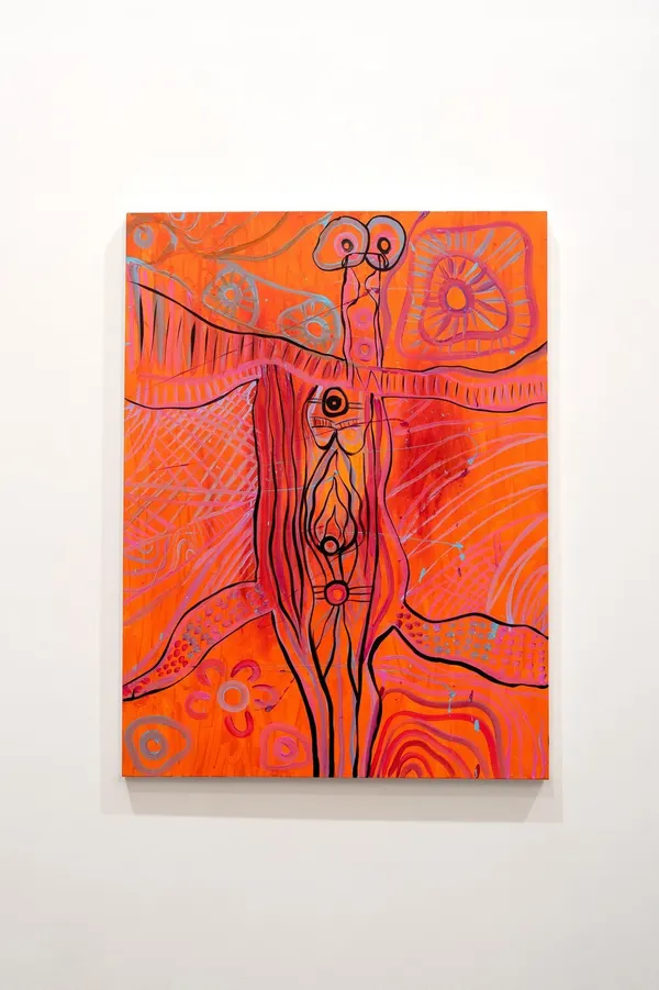 Painting by Renae Lamb hung on the gallery wall — orange figures