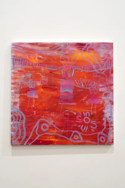 Painting by Renae Lamb hung on the gallery wall — orange and pink