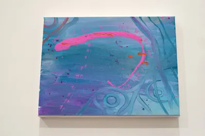 Painting by Renae Lamb — a single pink current across a pale ground