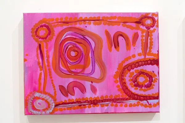 Painting by Renae Lamb — pink ground with orange framing marks