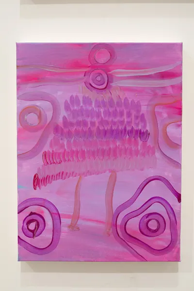 Painting by Renae Lamb — rings and pathways in pink and coral
