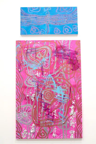 A hang of small framed works by Renae Lamb