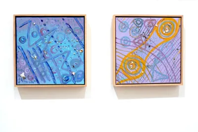 Two panels by Renae Lamb — rings over pink and blue