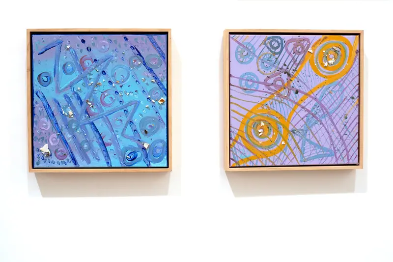 Two panels by Renae Lamb — rings over pink and blue