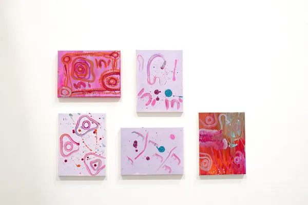Five small works by Renae Lamb hung as a group